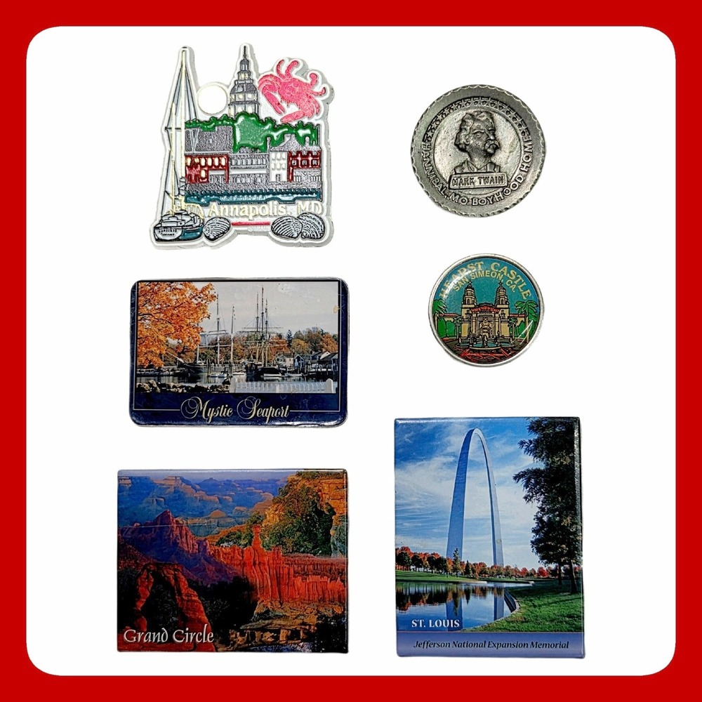 Vintage Travel Souvenir Magnet Lot Annapolis Mystic Seaport Hearst Castle 6pc
